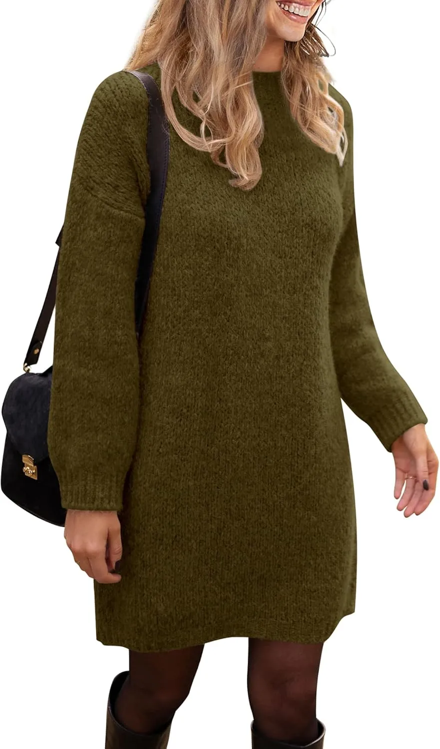 PRETTYGARDEN Women's 2025 Fall Knit Pullover Sweaters Long Sleeve Crewneck Oversized Loose Short Sweater Dress