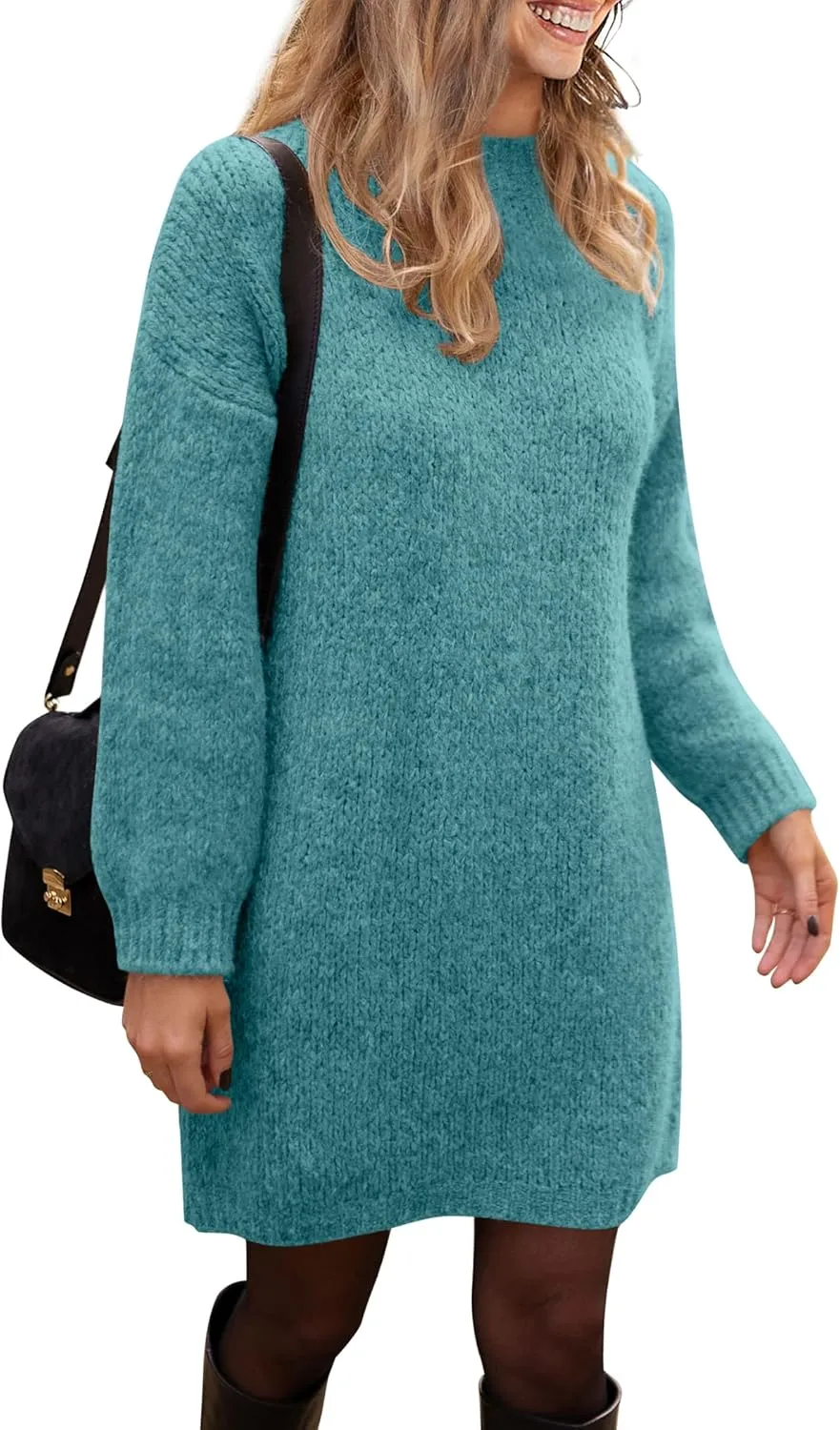 PRETTYGARDEN Women's 2025 Fall Knit Pullover Sweaters Long Sleeve Crewneck Oversized Loose Short Sweater Dress