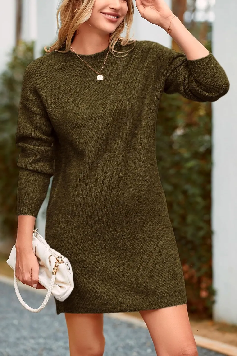 PRETTYGARDEN Women's 2025 Fall Knit Pullover Sweaters Long Sleeve Crewneck Oversized Loose Short Sweater Dress