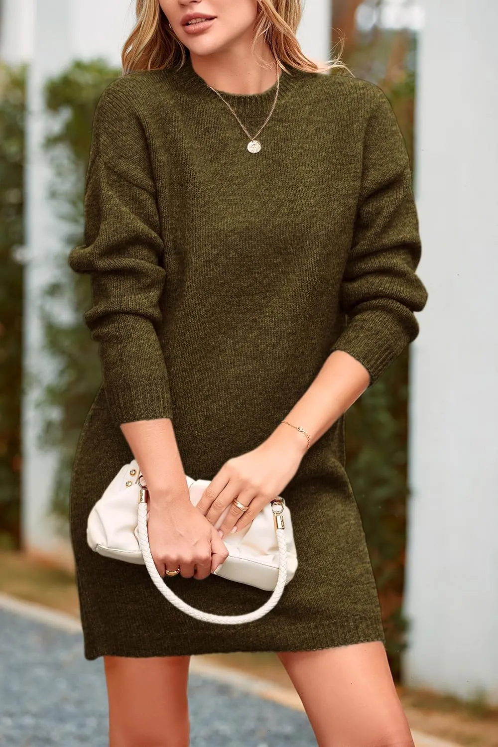 PRETTYGARDEN Women's 2025 Fall Knit Pullover Sweaters Long Sleeve Crewneck Oversized Loose Short Sweater Dress