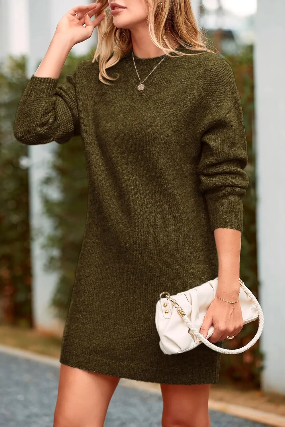 PRETTYGARDEN Women's 2025 Fall Knit Pullover Sweaters Long Sleeve Crewneck Oversized Loose Short Sweater Dress
