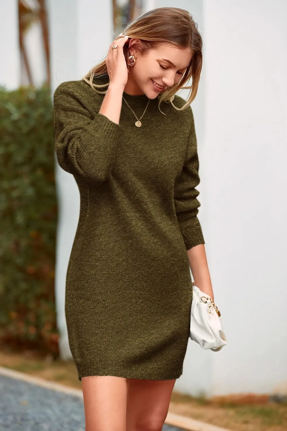 PRETTYGARDEN Women's 2025 Fall Knit Pullover Sweaters Long Sleeve Crewneck Oversized Loose Short Sweater Dress