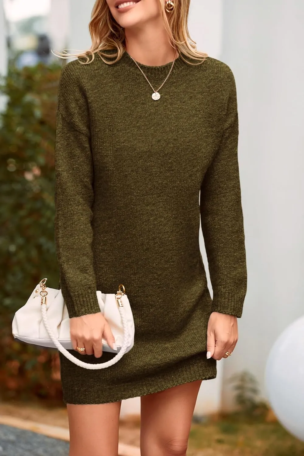 PRETTYGARDEN Women's 2025 Fall Knit Pullover Sweaters Long Sleeve Crewneck Oversized Loose Short Sweater Dress