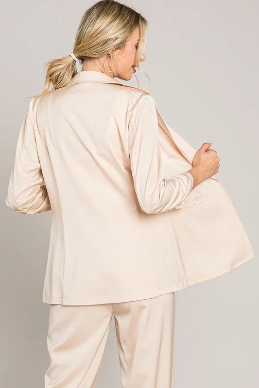Satin Ruched Cuff Blazer Jacket