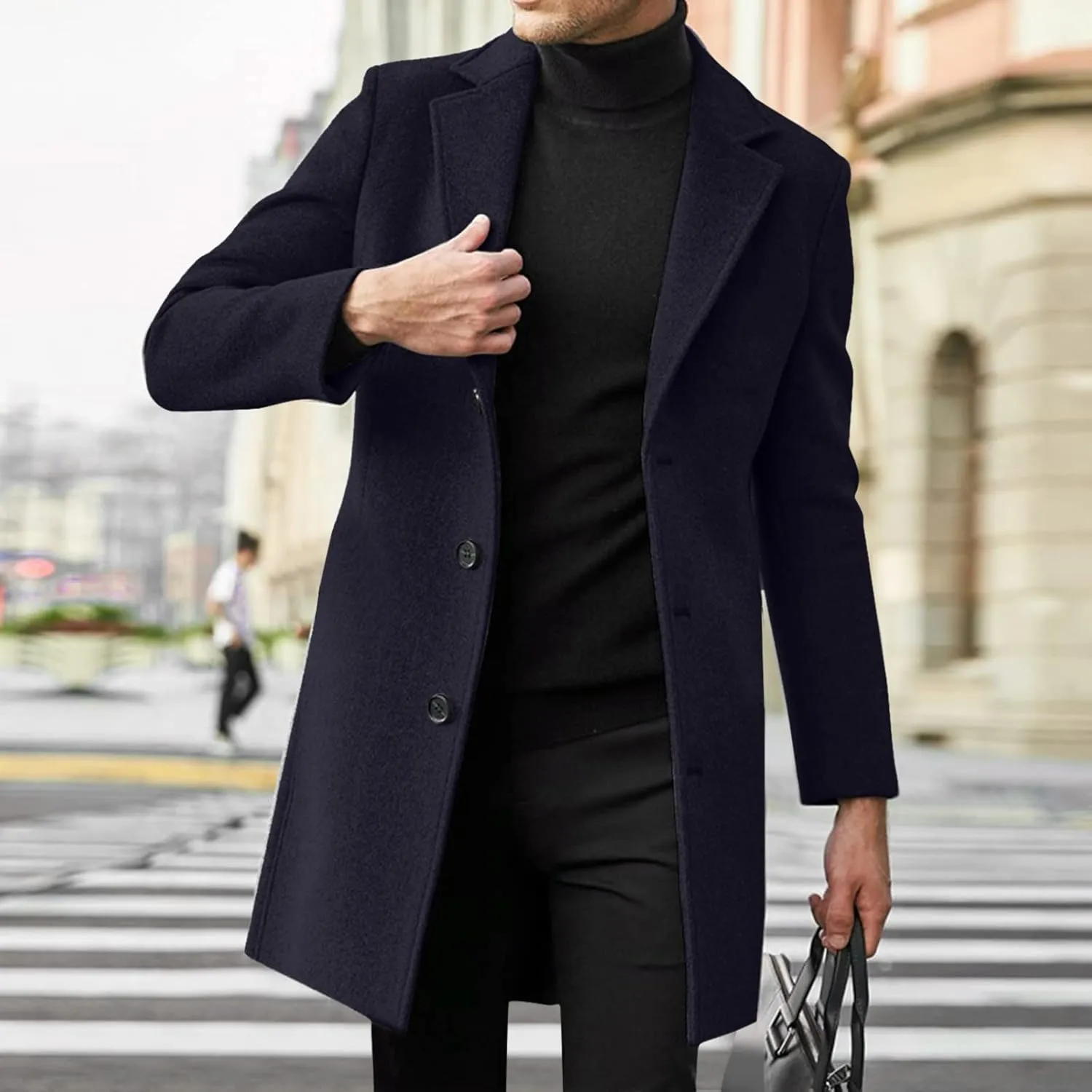 Slim Fit Trench Coat for Men Fall Single Breasted Lapel Mid-Length Pea Jacket Soft Elegant Woolen Coat Windbreaker