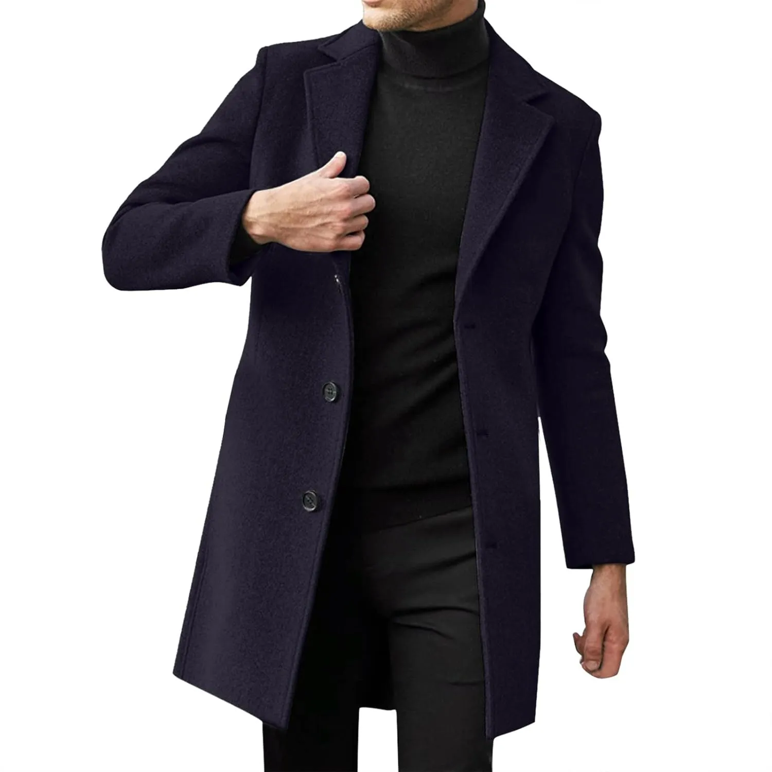 Slim Fit Trench Coat for Men Fall Single Breasted Lapel Mid-Length Pea Jacket Soft Elegant Woolen Coat Windbreaker