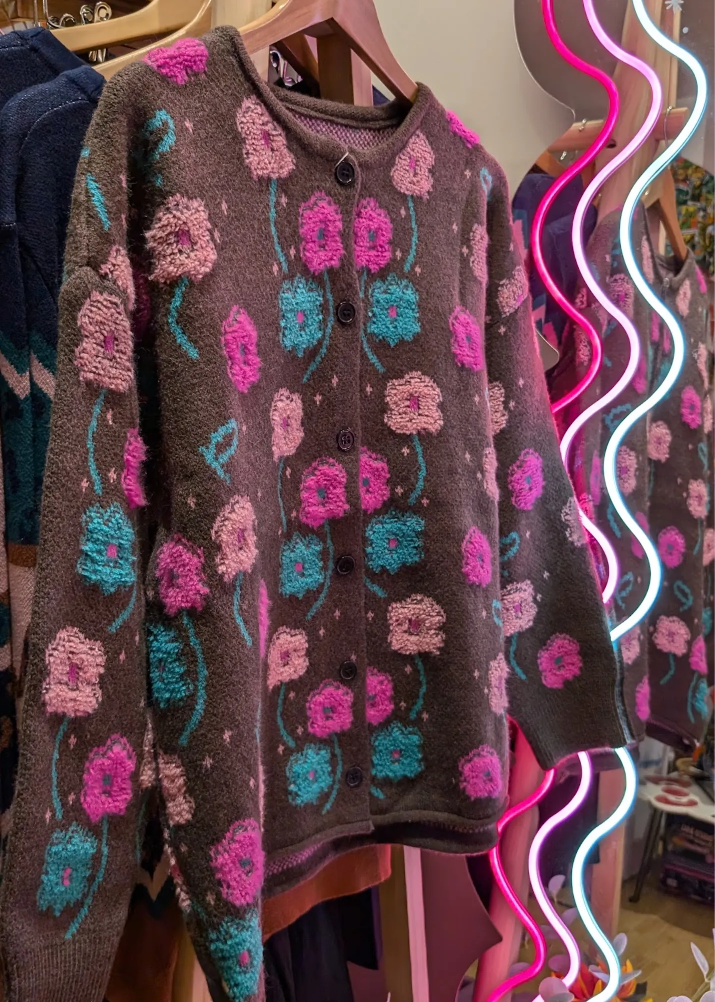 The Edit - Oversized Teal & Pink Floral Cardigan in Brown