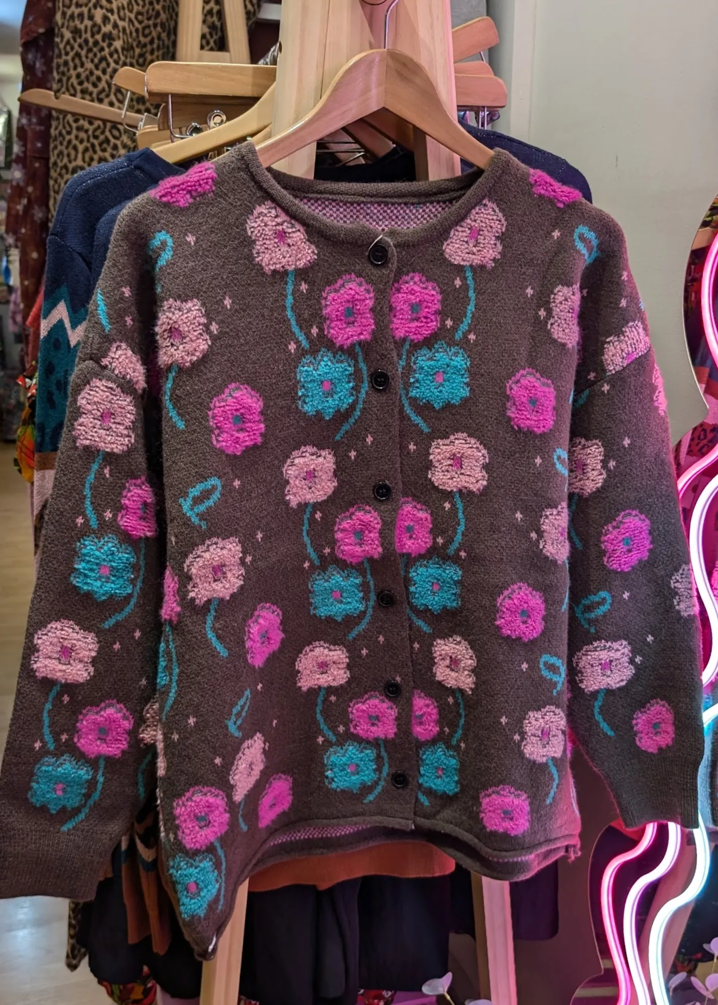 The Edit - Oversized Teal & Pink Floral Cardigan in Brown