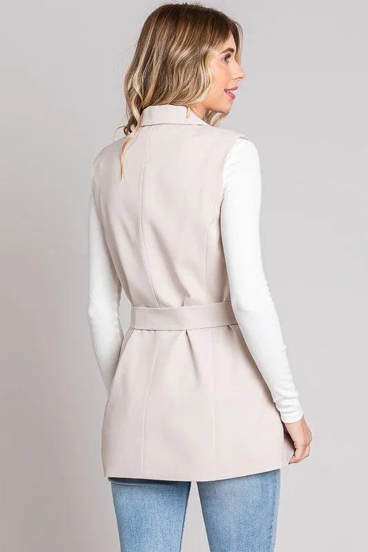 Twill Front Tie Long Blazer Vest