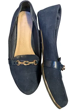 Vintage Dorothy Perkins Blue womens Suedette Gold Buckle Loafers