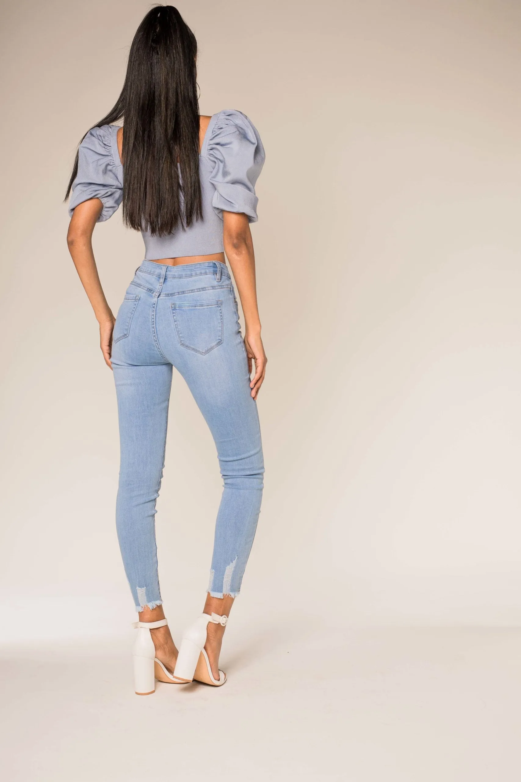 Wholesale Light Blue Frayed Hem Jeans