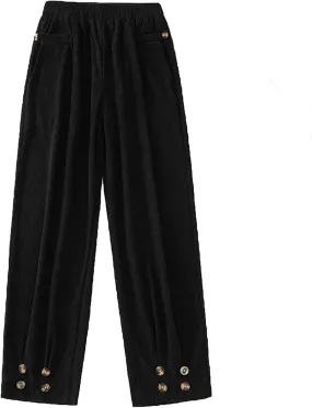 Women Corduroy Pants Casual Vintage Elastic High Waist Straight Leg Pockets Trousers Fashion Button Trim Pleated Pants