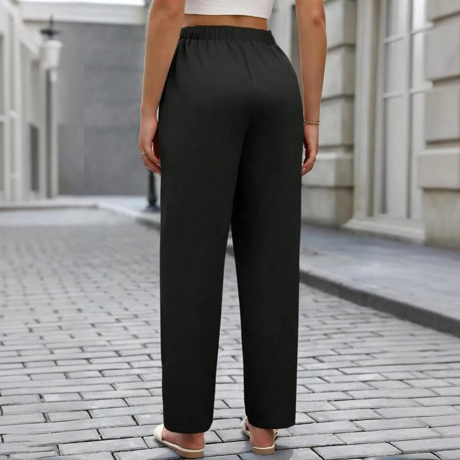 Women's Casual Cotton Pants Casual Loose Comfy Elastic Waist Trousers 2025 Summer Solid Color Straight Leg Pants