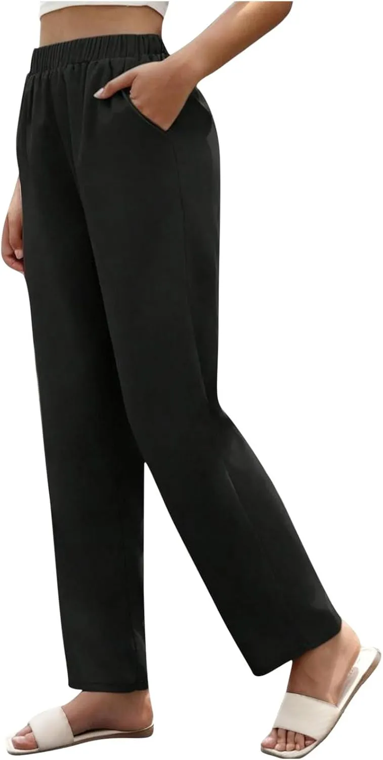 Women's Casual Cotton Pants Casual Loose Comfy Elastic Waist Trousers 2025 Summer Solid Color Straight Leg Pants