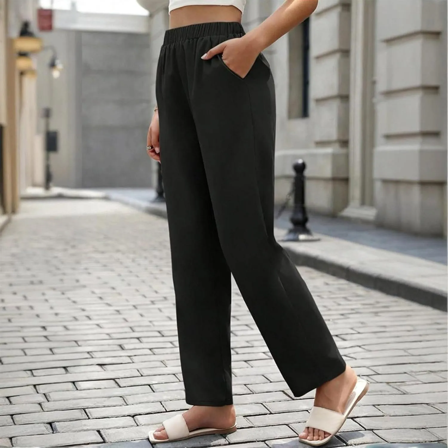 Women's Casual Cotton Pants Casual Loose Comfy Elastic Waist Trousers 2025 Summer Solid Color Straight Leg Pants