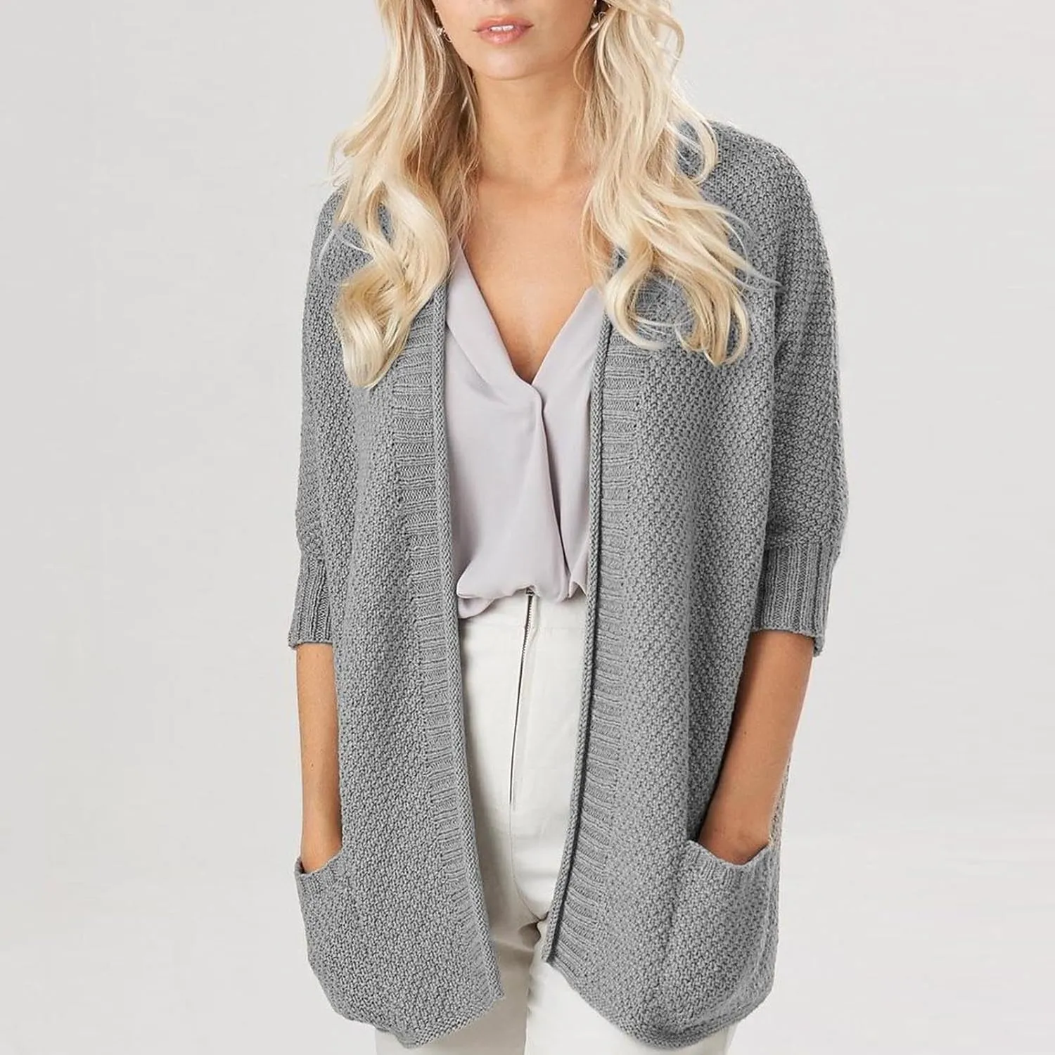 Women's Half Sleeve Cardigan Sweaters Oversized Open Front Chunky Knit Outwear Casual Soft Solid Coat with Pockets