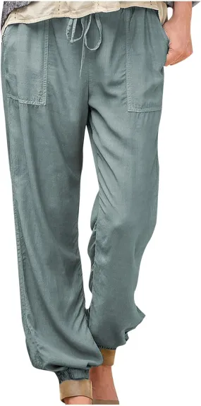Women's Linen Casual Pants Drawstring Elastic Waist Straight Leg Loose Cinch Bottom Trousers Sweatpants with Pockets