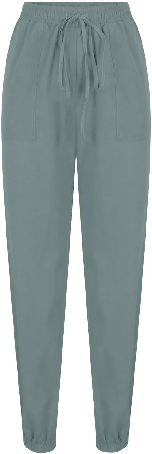 Women's Linen Casual Pants Drawstring Elastic Waist Straight Leg Loose Cinch Bottom Trousers Sweatpants with Pockets