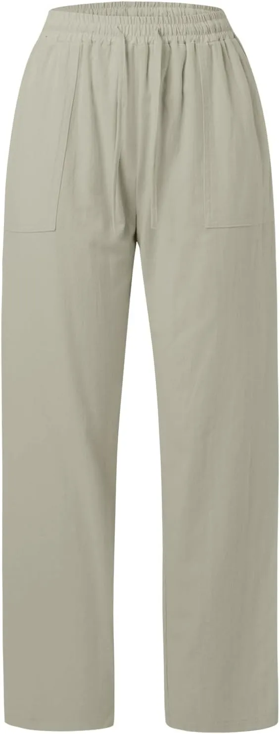 Women's Linen High Waisted Straight Pants Casual Flowy Wide Leg Drawstring Trousers with Pockets Baggy Beach Slacks
