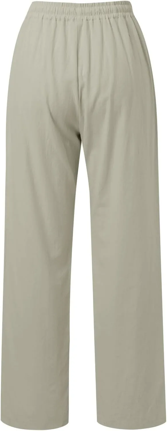 Women's Linen High Waisted Straight Pants Casual Flowy Wide Leg Drawstring Trousers with Pockets Baggy Beach Slacks