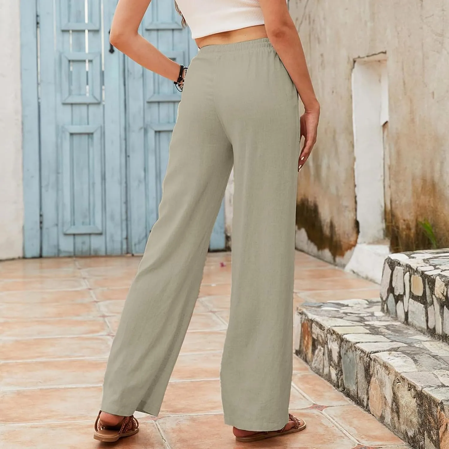Women's Linen High Waisted Straight Pants Casual Flowy Wide Leg Drawstring Trousers with Pockets Baggy Beach Slacks