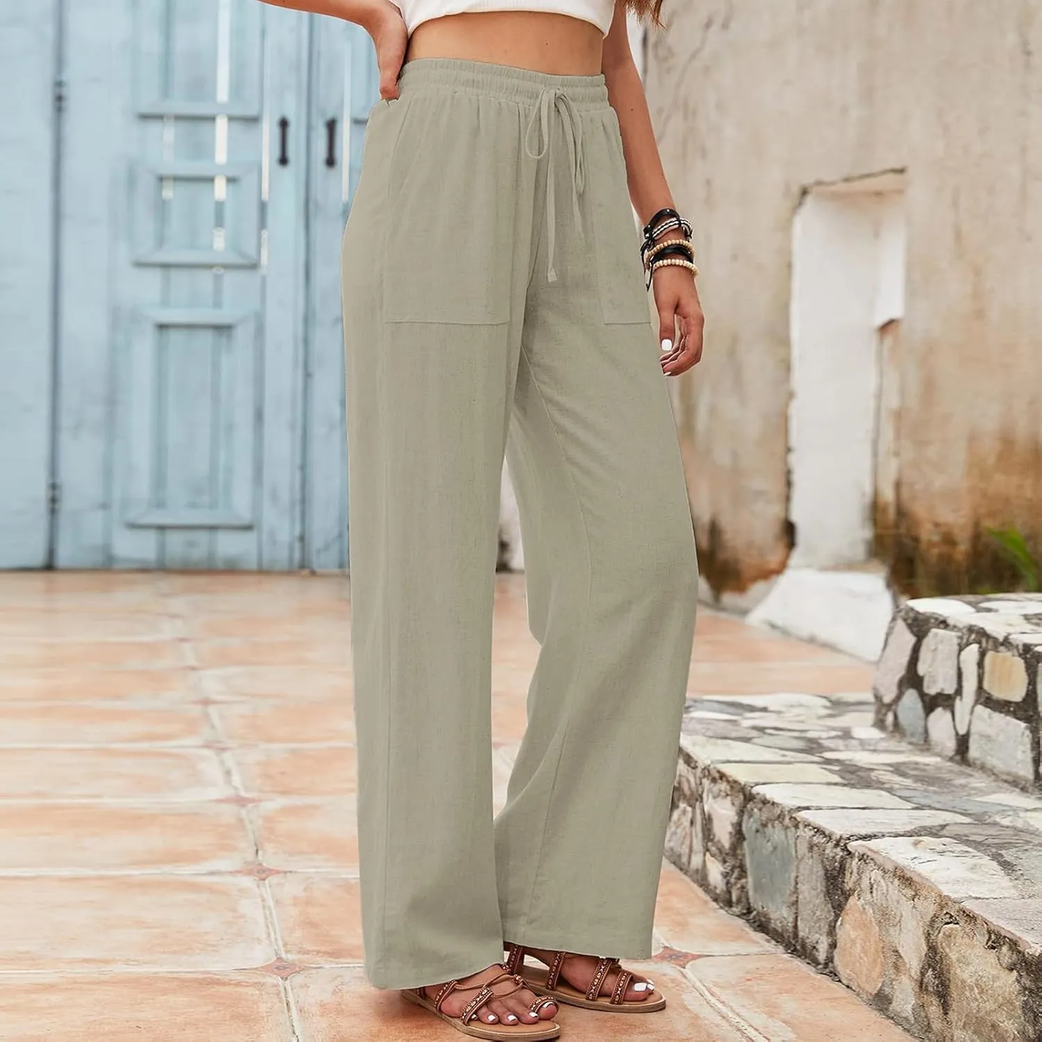 Women's Linen High Waisted Straight Pants Casual Flowy Wide Leg Drawstring Trousers with Pockets Baggy Beach Slacks