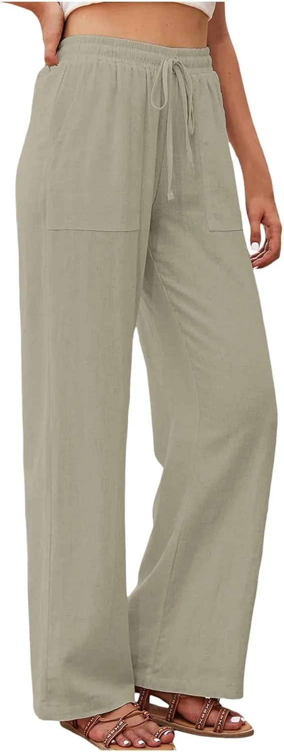 Women's Linen High Waisted Straight Pants Casual Flowy Wide Leg Drawstring Trousers with Pockets Baggy Beach Slacks