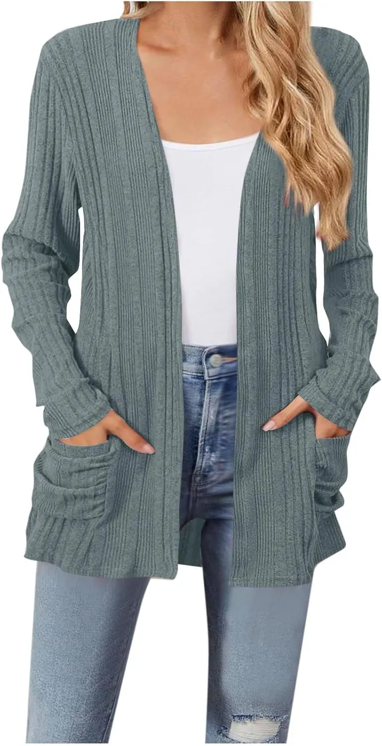 Womens Long Sleeve Cardigan Sweater Coat 2025 Lightweight Soft Knit Cardigan Casual V Neck Soft Coat with Pockets