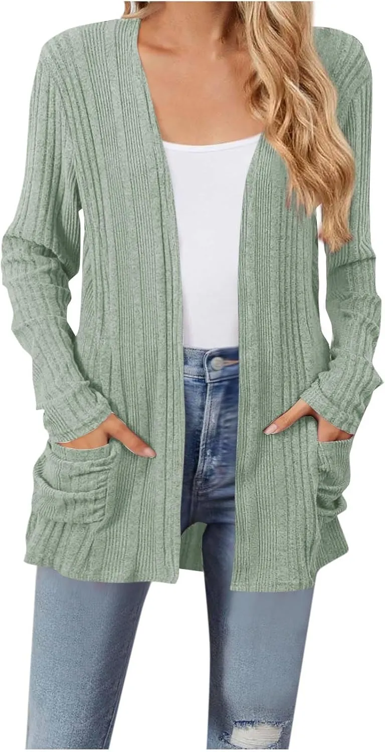 Womens Long Sleeve Cardigan Sweater Coat 2025 Lightweight Soft Knit Cardigan Casual V Neck Soft Coat with Pockets