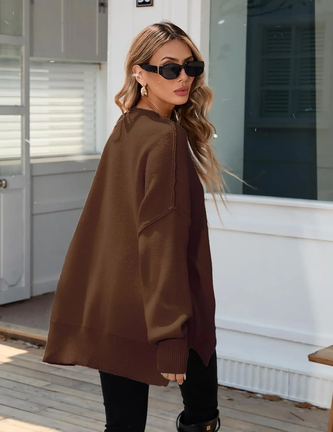 Womens Oversized Batwing Long Sweaters 2024 Fall Cute Outfits Crewneck Side Slit Ribbed Knit Pullover Tops