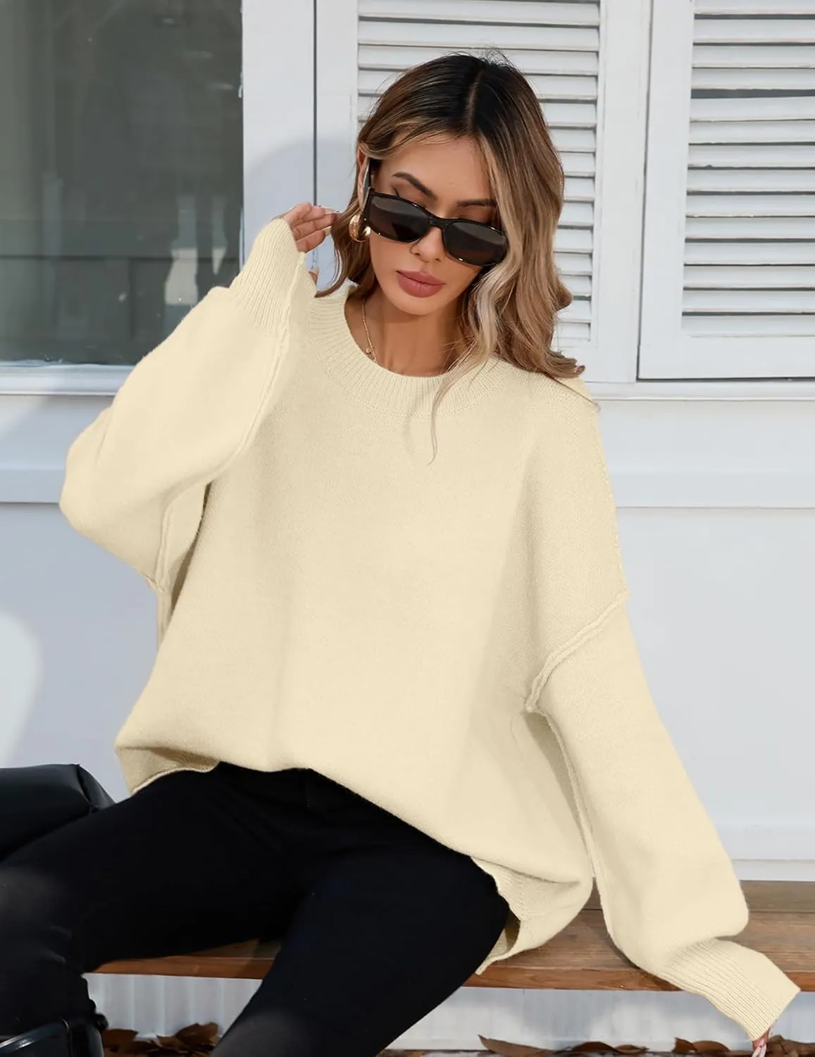 Womens Oversized Batwing Long Sweaters 2024 Fall Cute Outfits Crewneck Side Slit Ribbed Knit Pullover Tops