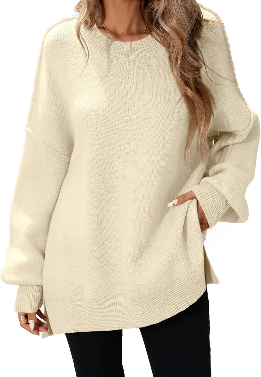 Womens Oversized Batwing Long Sweaters 2024 Fall Cute Outfits Crewneck Side Slit Ribbed Knit Pullover Tops