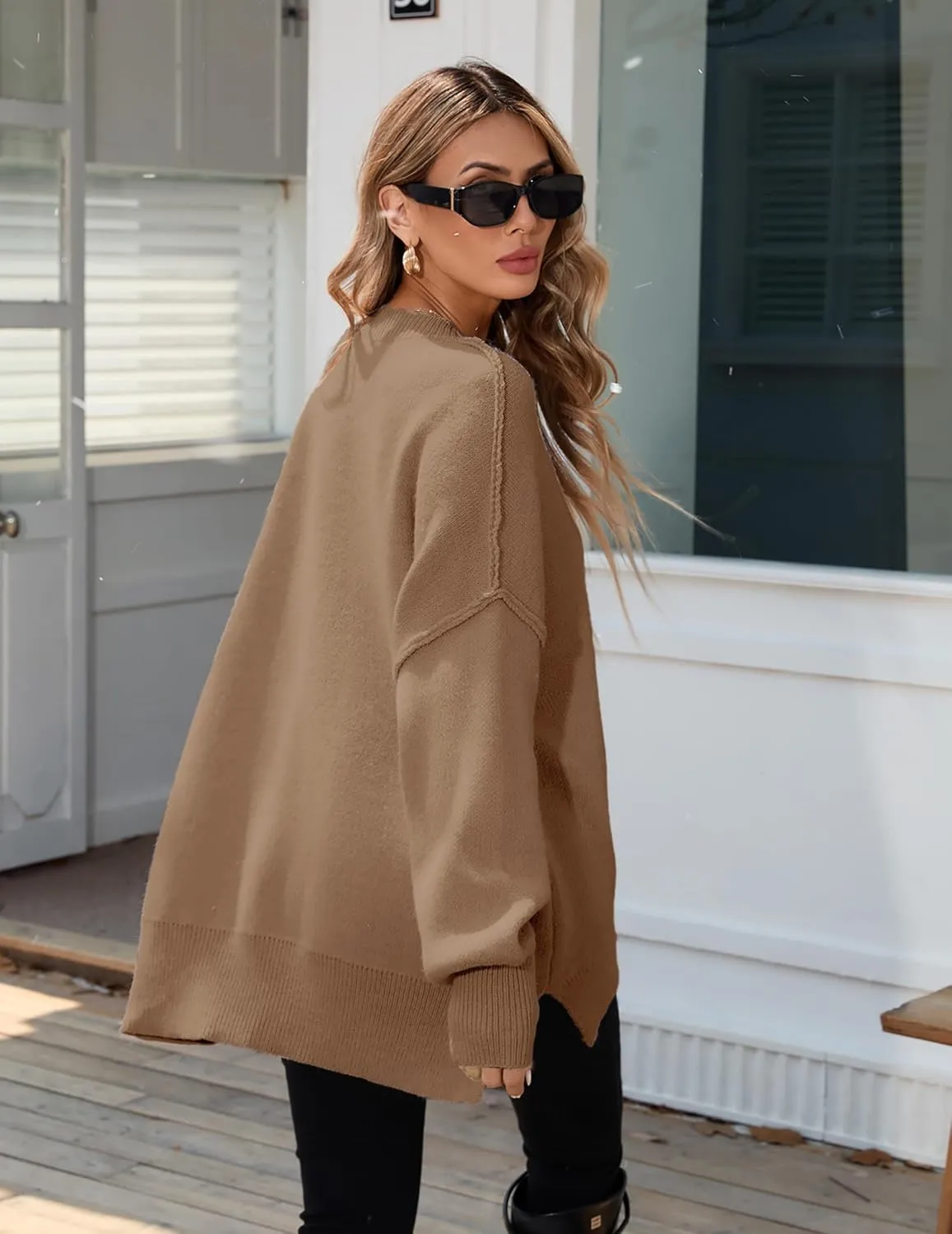 Womens Oversized Batwing Long Sweaters 2024 Fall Cute Outfits Crewneck Side Slit Ribbed Knit Pullover Tops