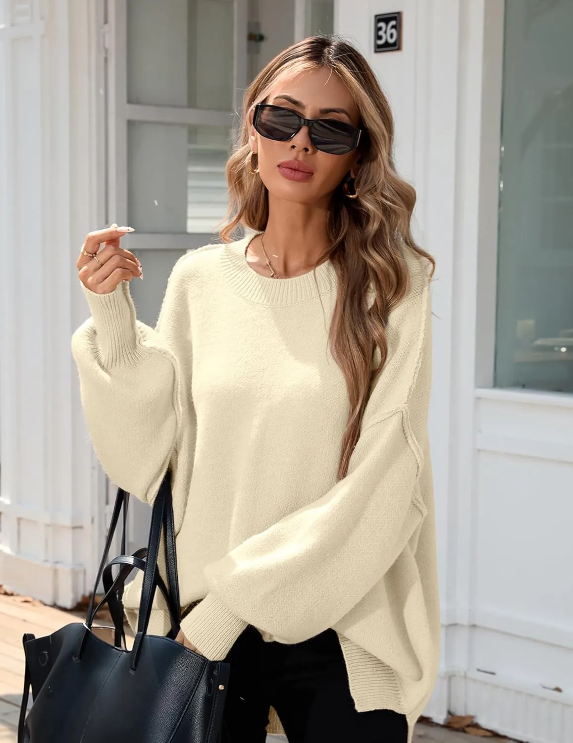 Womens Oversized Batwing Long Sweaters 2024 Fall Cute Outfits Crewneck Side Slit Ribbed Knit Pullover Tops