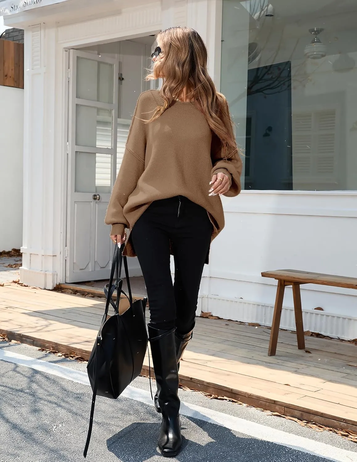 Womens Oversized Batwing Long Sweaters 2024 Fall Cute Outfits Crewneck Side Slit Ribbed Knit Pullover Tops