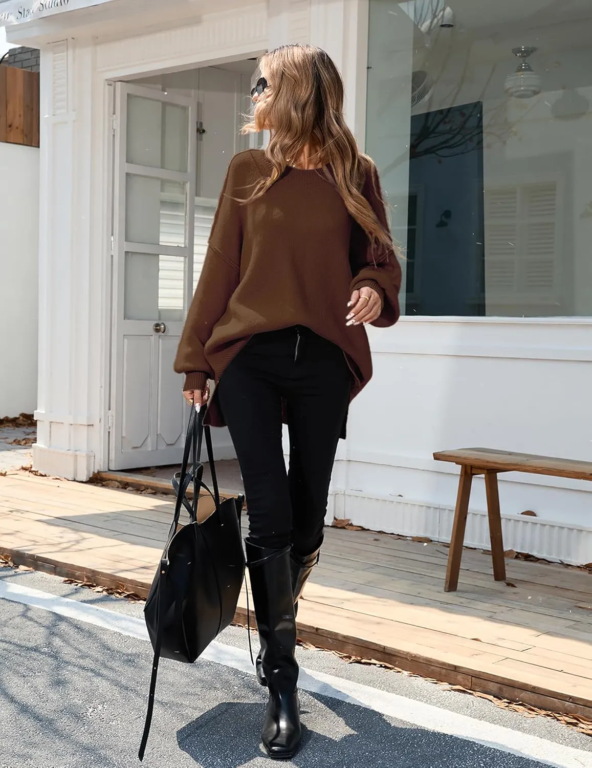 Womens Oversized Batwing Long Sweaters 2024 Fall Cute Outfits Crewneck Side Slit Ribbed Knit Pullover Tops