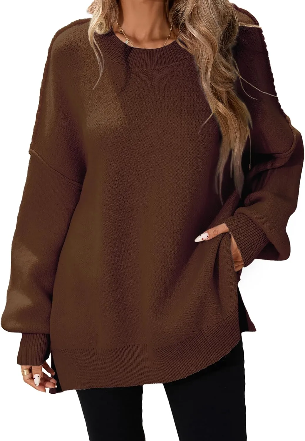 Womens Oversized Batwing Long Sweaters 2024 Fall Cute Outfits Crewneck Side Slit Ribbed Knit Pullover Tops