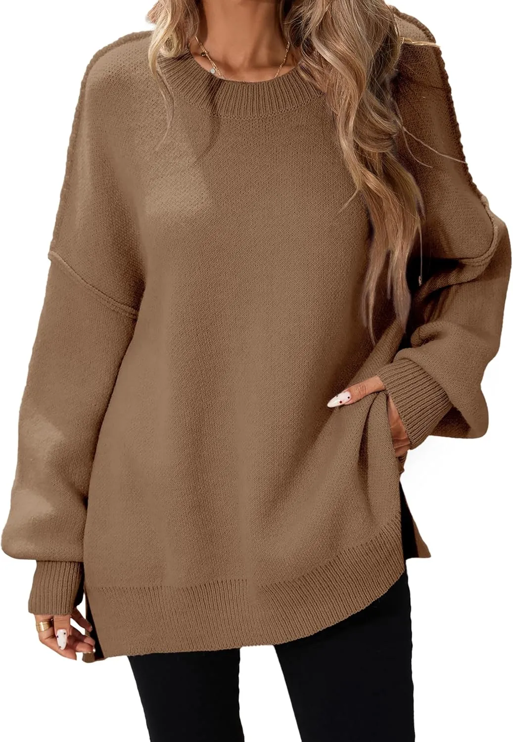 Womens Oversized Batwing Long Sweaters 2024 Fall Cute Outfits Crewneck Side Slit Ribbed Knit Pullover Tops