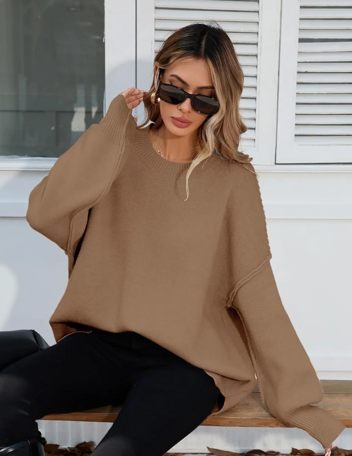 Womens Oversized Batwing Long Sweaters 2024 Fall Cute Outfits Crewneck Side Slit Ribbed Knit Pullover Tops