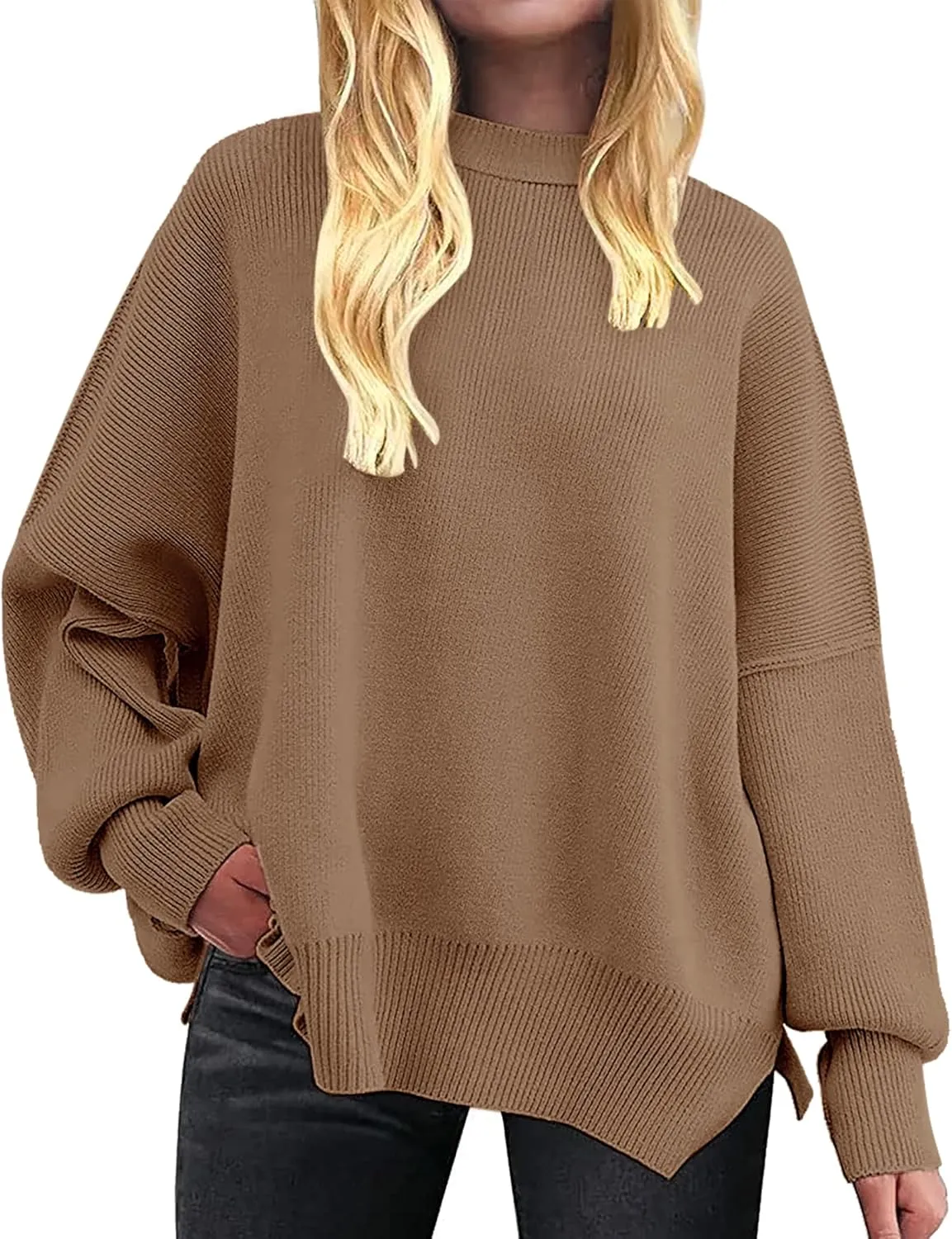 Womens Oversized Batwing Long Sweaters 2024 Fall Cute Outfits Crewneck Side Slit Ribbed Knit Pullover Tops