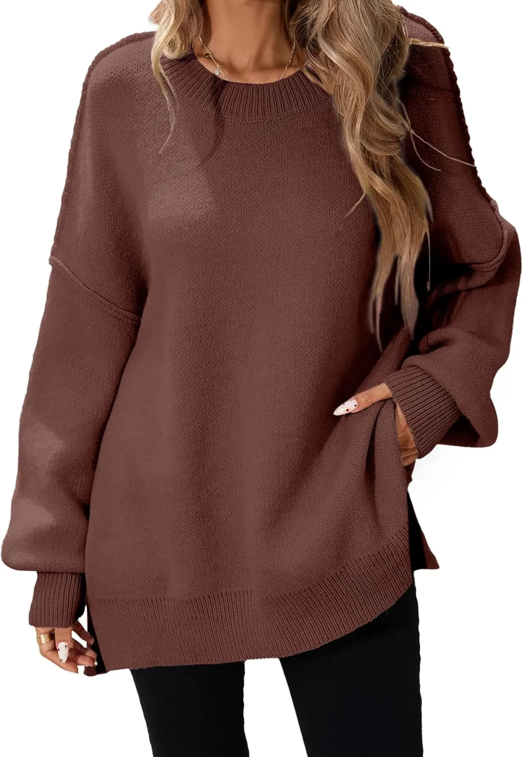 Womens Oversized Batwing Long Sweaters 2024 Fall Cute Outfits Crewneck Side Slit Ribbed Knit Pullover Tops