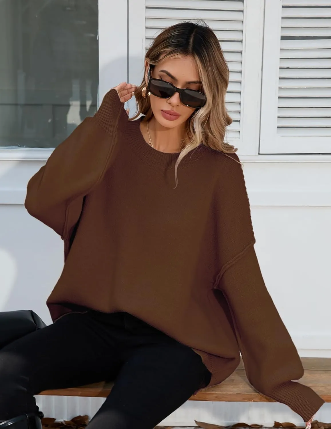 Womens Oversized Batwing Long Sweaters 2024 Fall Cute Outfits Crewneck Side Slit Ribbed Knit Pullover Tops