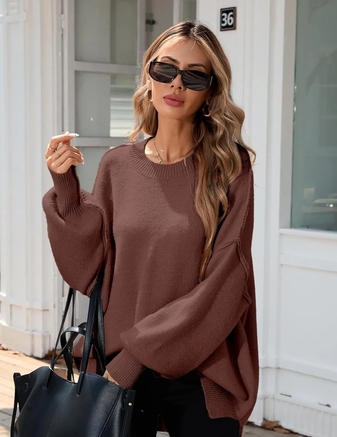 Womens Oversized Batwing Long Sweaters 2024 Fall Cute Outfits Crewneck Side Slit Ribbed Knit Pullover Tops