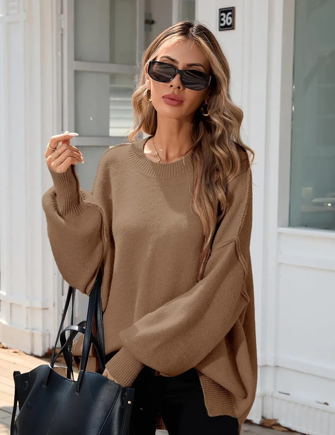 Womens Oversized Batwing Long Sweaters 2024 Fall Cute Outfits Crewneck Side Slit Ribbed Knit Pullover Tops