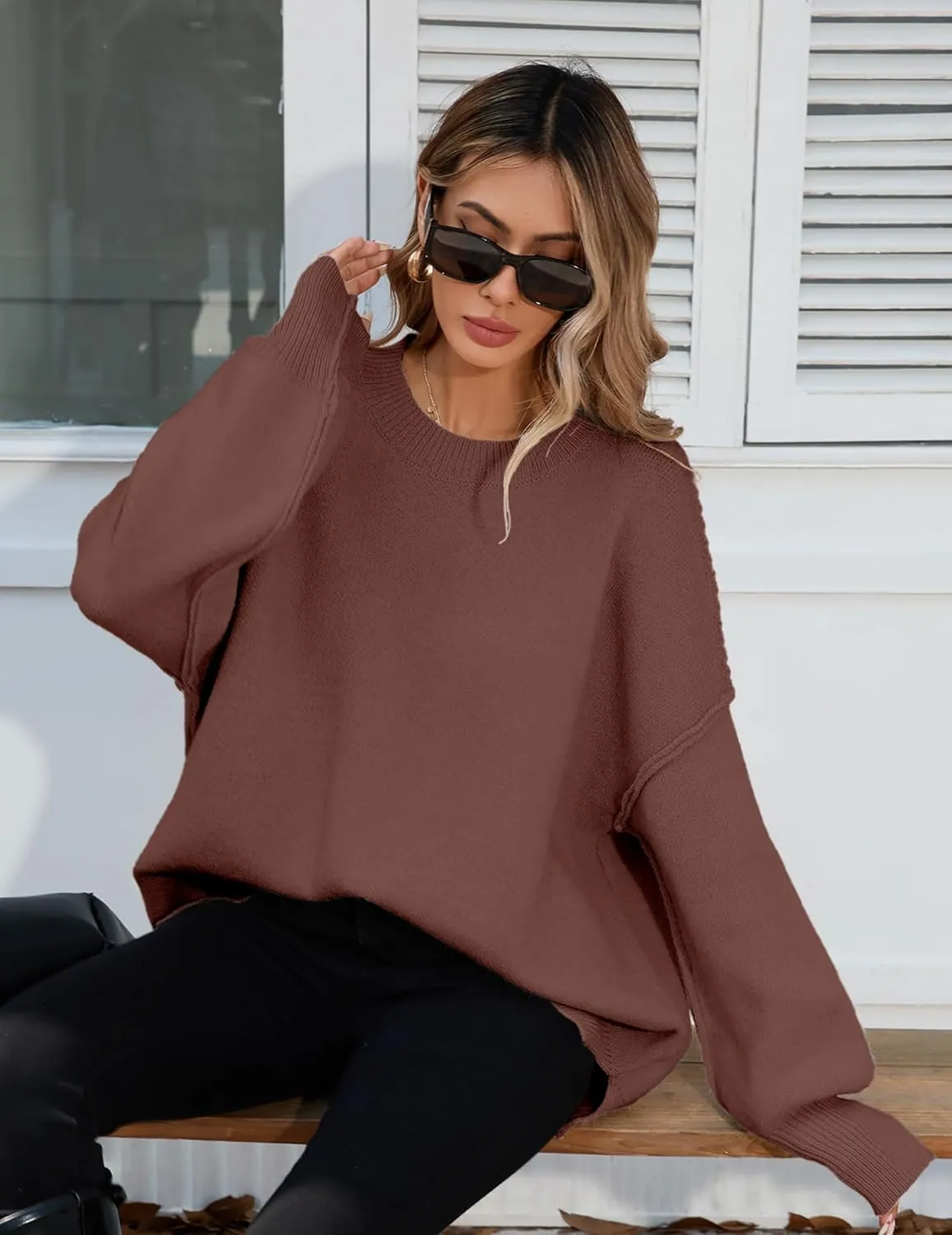Womens Oversized Batwing Long Sweaters 2024 Fall Cute Outfits Crewneck Side Slit Ribbed Knit Pullover Tops