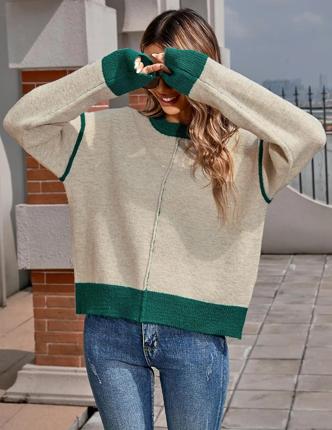 Womens Oversized Cute Color Block Sweater Fall 2024 Lightweight Knit Crewneck Outside Seam Contrast Pullover Tops