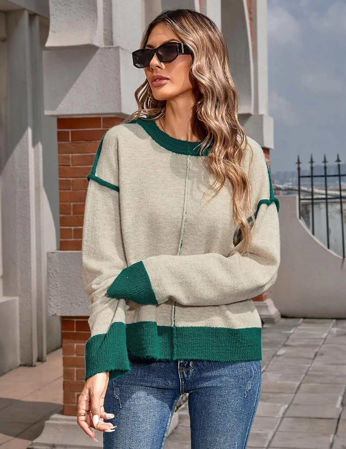 Womens Oversized Cute Color Block Sweater Fall 2024 Lightweight Knit Crewneck Outside Seam Contrast Pullover Tops