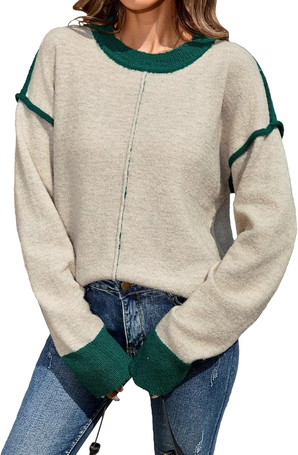 Womens Oversized Cute Color Block Sweater Fall 2024 Lightweight Knit Crewneck Outside Seam Contrast Pullover Tops