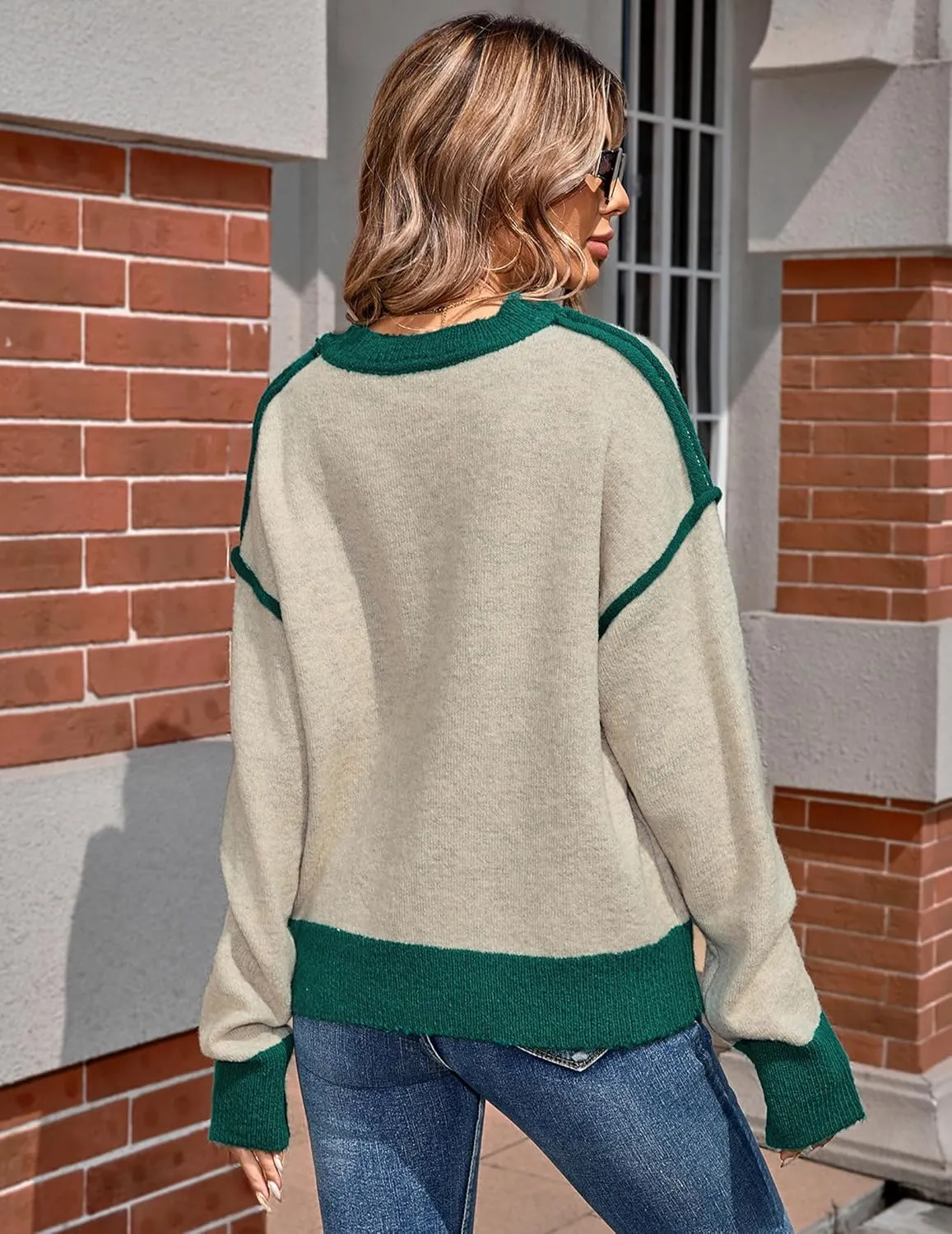 Womens Oversized Cute Color Block Sweater Fall 2024 Lightweight Knit Crewneck Outside Seam Contrast Pullover Tops