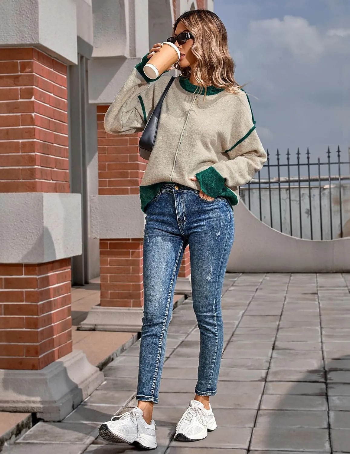 Womens Oversized Cute Color Block Sweater Fall 2024 Lightweight Knit Crewneck Outside Seam Contrast Pullover Tops